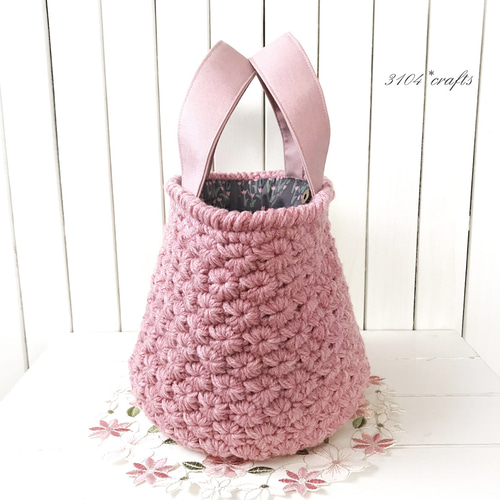 花模様のニットバッグ＊持ち手布＊内布付き＊スモーキーピンク