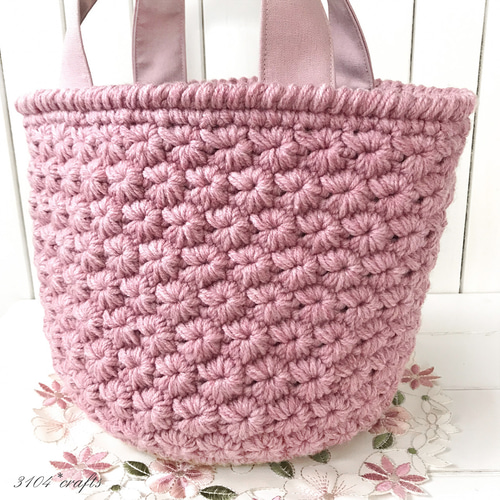 花模様のニットバッグ＊持ち手布＊内布付き＊スモーキーピンク