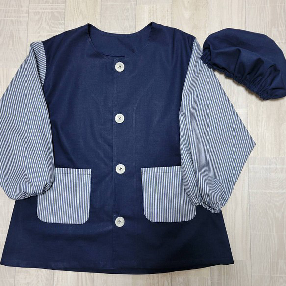 2点セット 80～150size ヒッコリープリント ネイビー 前ボタン 長袖スモック 給食帽子