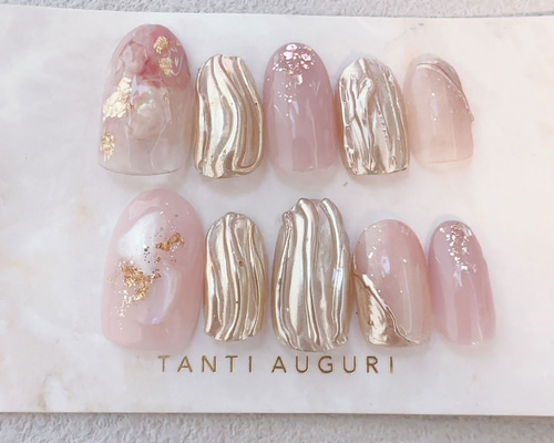 成人式ネイルチップ ピンク 金 ゴールド 振袖 ガーリー ネイル
