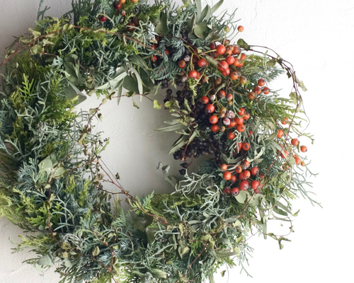 早割】赤い実のクリスマスリース 直径24cm ドライフラワー リース