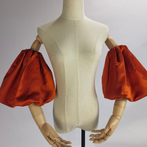 パフスリーブ テラコッタ色 取り外し袖 光沢サテン ストレッチ 花嫁  