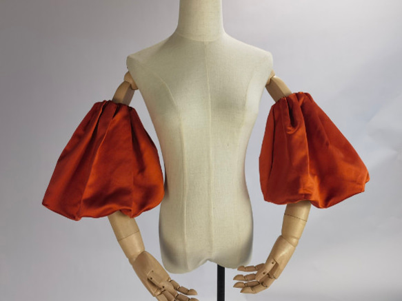 パフスリーブ テラコッタ色 取り外し袖 光沢サテン ストレッチ 花嫁  