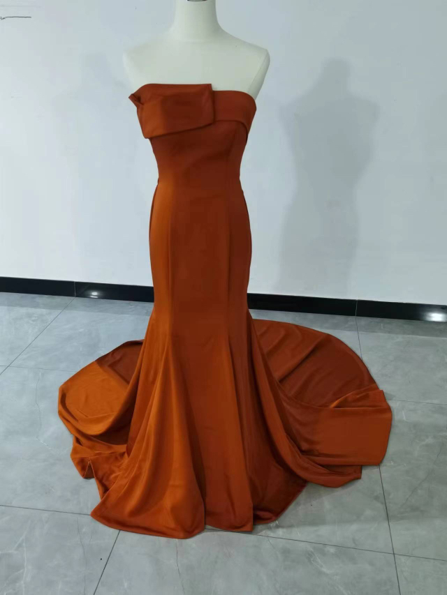 高品質！テラコッタ色  カラードレス ベアトップ 胸元フリル 二次会 拳式