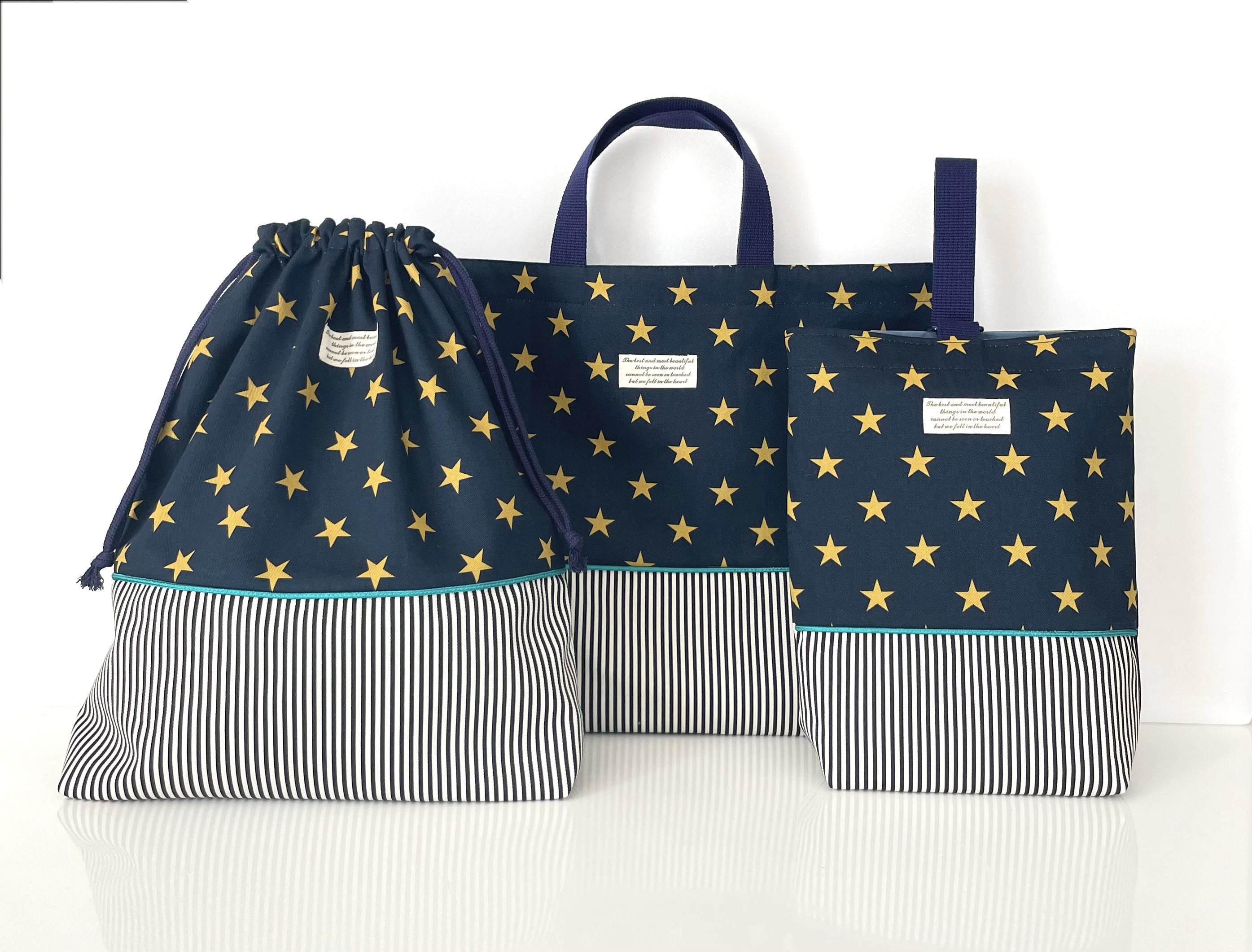 ゴールド星柄☆3点セット　カッコイイ　入園入学　上靴入れ　お着替え袋　オーダーOK 受注製作　サイズ選べる　ナップサック