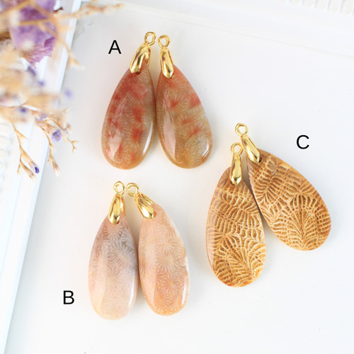 天然石♡フォッシルコーラルのピアス14kgf フォッシルコーラル 1粒ピアス 14kgf | iichi 日々の暮らしを