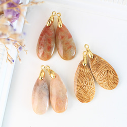 選べる/希少宝石】フォッシルコーラル 葉模様 耳飾り ピアス（フック