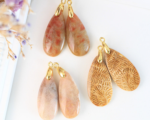 選べる/希少宝石】フォッシルコーラル 葉模様 耳飾り ピアス（フック