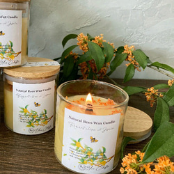 天然キンモクセイの香りと花✨国産ミツロウボトルキャンドル　Wood wick〜木芯 4枚目の画像