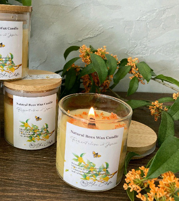 天然キンモクセイの香りと花✨国産ミツロウボトルキャンドル　Wood wick〜木芯 4枚目の画像