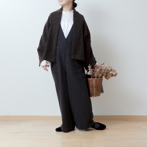 冬のカシュクールサロペットワイドパンツ-ウールヘリンボ-ン