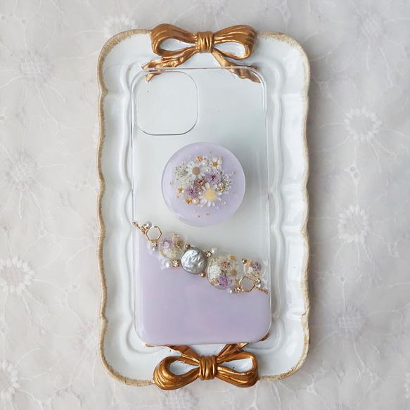 iPhoneケース スマホケース　Android antique flower jewelry  押し花　スマホグリップ 3枚目の画像