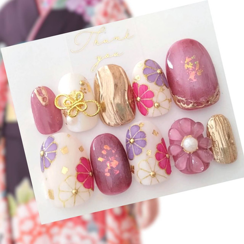 78【サイズオーダー】ネイルチップ 成人式 前撮り 振袖 和柄 フラワー