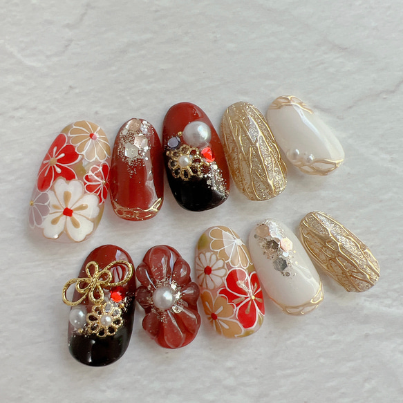 ネイルチップ 成人式 和柄 振袖 赤 花 ネイルチップオーダー フルオーダー ネイルチップ 成人式 振袖 着物 赤 黒 花柄 ぷっくりフラワー 花