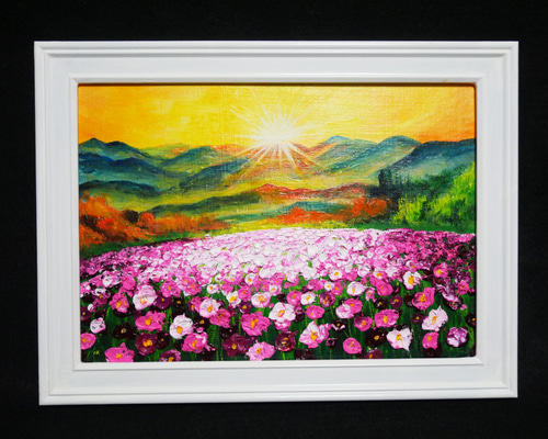 ルイ様お取り置き コスモス 秋桜 絵画 原画 油絵 可憐なコスモス」水彩画イラストミニ額 プチギフト 秋桜 秋 敬老