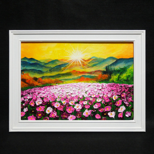 油絵 絵画 【アジサイの丘】 紫陽花の丘」透明水彩画 原画 風景画 額縁付 F4サイズ 絵画 Oni