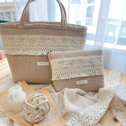 ヌビトートバッグL/インド刺繍×マクラメフリンジ トートバッグ