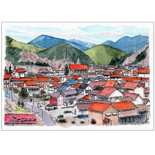 原画一点物 「昭和レトロな町並み」 ＜ペン＋透明水彩＞ 絵画