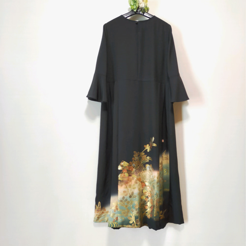 黒留袖ワンピース*フレアベル袖*ロング丈*Wタック*リボン結び*作家物