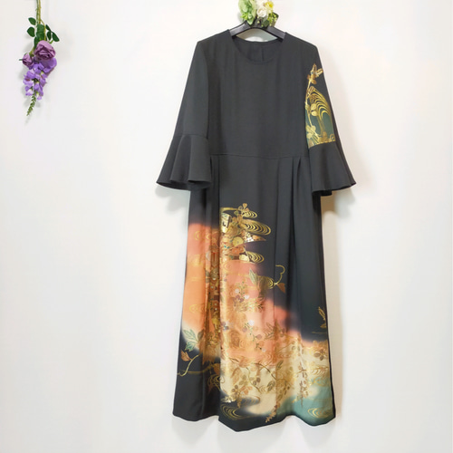 黒留袖ワンピース*フレアベル袖*ロング丈*Wタック*リボン結び*作家物