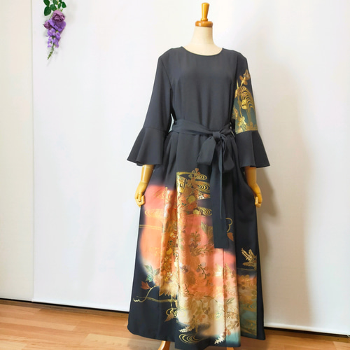 黒留袖ワンピース*フレアベル袖*ロング丈*Wタック*リボン結び*作家物