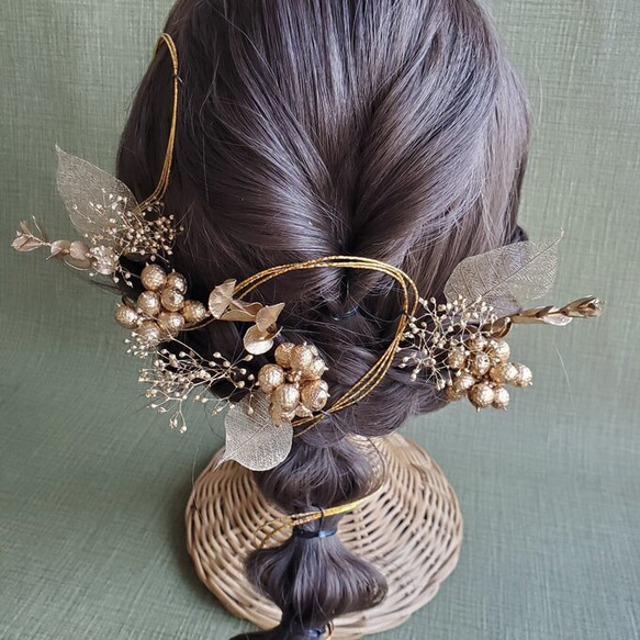 【選べるカラー】ゴールド　花材　髪飾り　ユーカリ　リーフ　あじさい　成人式　和装　結婚式 4枚目の画像