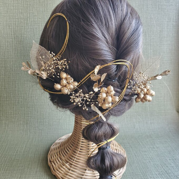 【選べるカラー】ゴールド　花材　髪飾り　ユーカリ　リーフ　あじさい　成人式　和装　結婚式 3枚目の画像