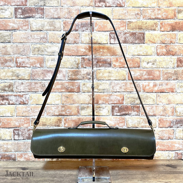 【オーダーサンプル】フルートケースカバー（ショルダーパッド付）／オイルレザー（カーキ） 5cm カーキ 高さ 奥行き