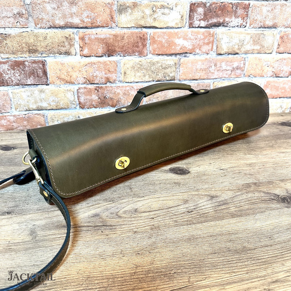 【オーダーサンプル】フルートケースカバー（ショルダーパッド付）／オイルレザー（カーキ） 5cm カーキ 高さ 奥行き