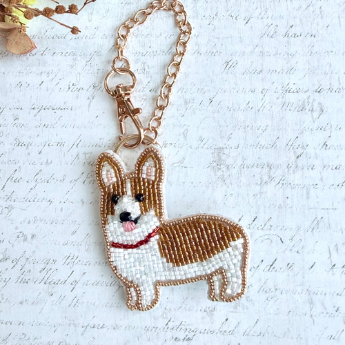 2way】ビーズ刺繍のうちの子バッグチャーム&ブローチ・コーギー バッグ