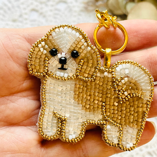 再制作】ビーズ刺繍のうちの子バッグチャーム・シーズー バッグ