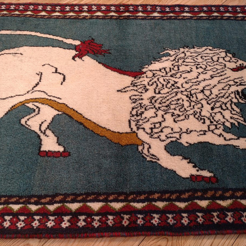 ペルシャ トライバルラグ 100x66cm アマレバフト ベージュ 青緑色