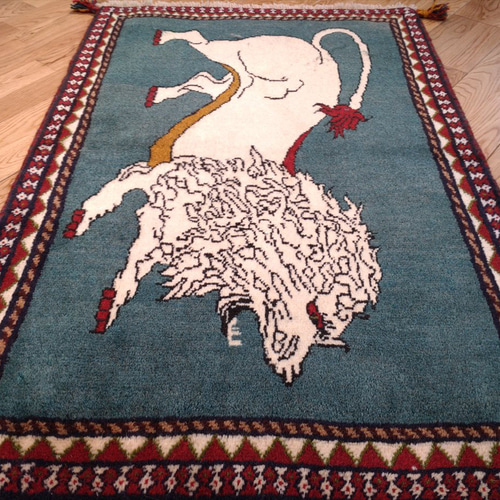 ペルシャ トライバルラグ 100x66cm アマレバフト ベージュ 青緑色