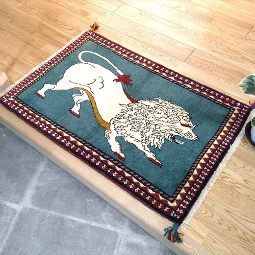 ペルシャ トライバルラグ 100x66cm アマレバフト ベージュ 青緑色