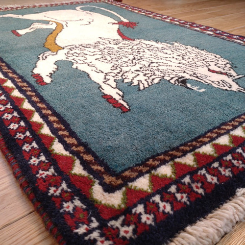 ペルシャ トライバルラグ 100x66cm アマレバフト ベージュ 青緑色