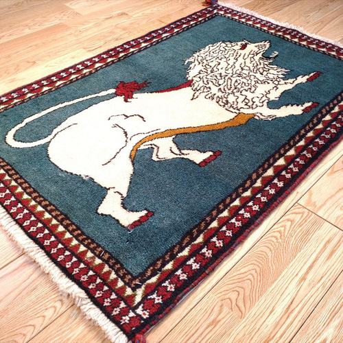 ペルシャ トライバルラグ 100x66cm アマレバフト ベージュ 青緑色