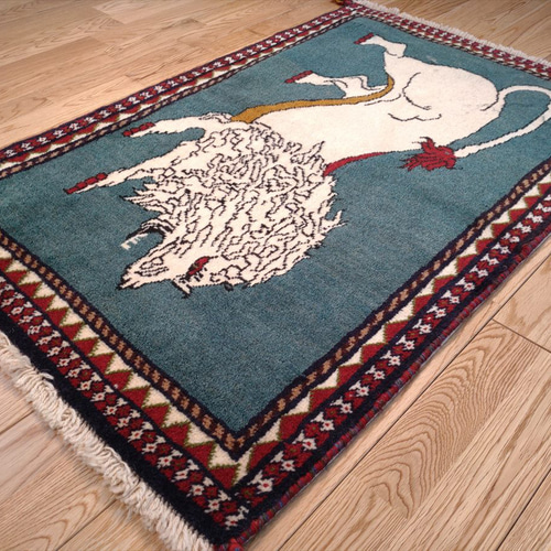 ペルシャ トライバルラグ 100x66cm アマレバフト ベージュ 青緑色