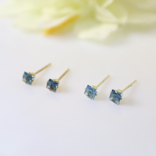 14KGF ロンドンブルートパーズ 天然石 スクエア 一粒 3mm ピアス