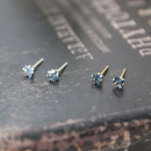 14KGF ロンドンブルートパーズ 天然石 スクエア 一粒 3mm ピアス