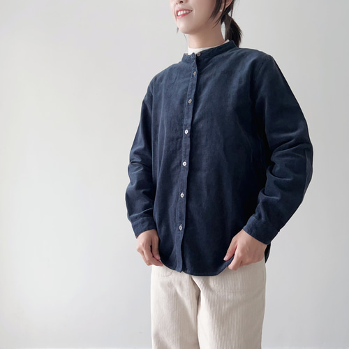 STONE  ネイビー コーデュロイシャツ コーデュロイシャツ☆3色入り】定番の小さなスタンド襟シャツ*カーキ