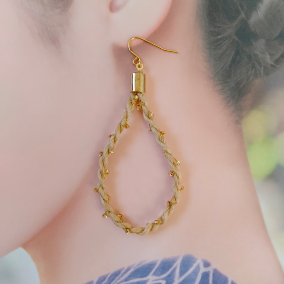 極太精麻◇雫ピアスLゴールドビーズ刺繍ロングピアスイヤリング  