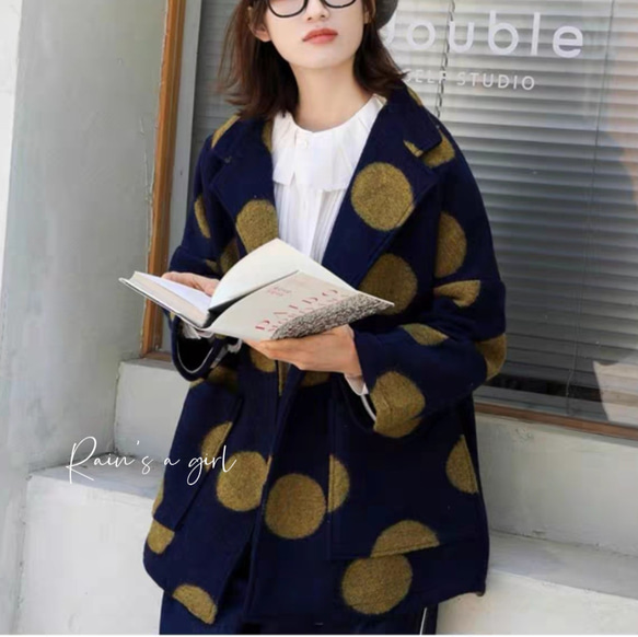 Kate Spade ドット柄ウールコート 大きなドット柄☆ウールのコート♪】木製の牛角ボタン＊カワイイ