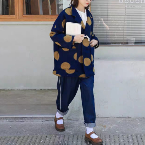 大きなドット柄☆ウールのコート♪】木製の牛角ボタン＊カワイイ