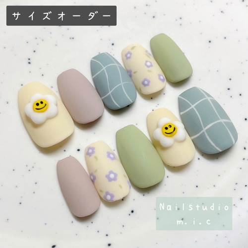 ネイルチップ サイズオーダー 韓国 ポップ ぷっくり お花 くすみ ネイルチップ サイズオーダー 韓国 ポップ ぷっくり お花 くすみ