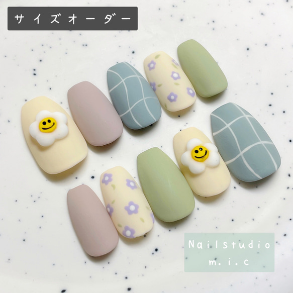 ネイルチップ サイズオーダー 韓国 ポップ ぷっくり お花 くすみカラー