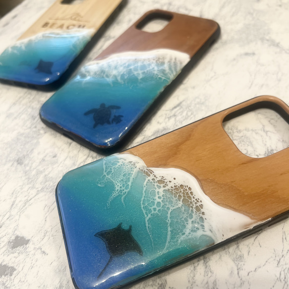 オーダー　海のスマホケース　iPhoneケース　レジンアート　バンブー　サイズ変更可能 2枚目の画像