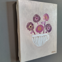 原画　絵画『花とカップ』アクリル絵　キャンバスサイズF0　アート　アートボード 2枚目の画像
