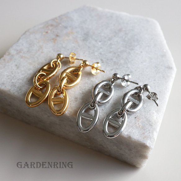 両耳 ステンレス素材 ゴールド アンカーチェーンピアス ドロップ