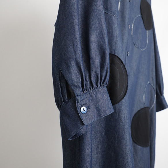 ＊初夏ＳＡＬＥ　角襟　ロング シャツ　ワンピース　パッチワーク　ぐるぐる刺繍　羽織　ゆったり　甘織デニムF61 8枚目の画像