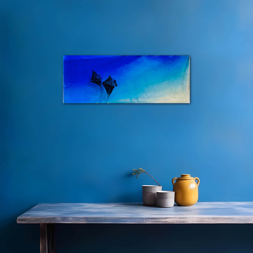 新作 壁掛けアートパネル マンタの海 オニイトマキエイ ペア ブルー